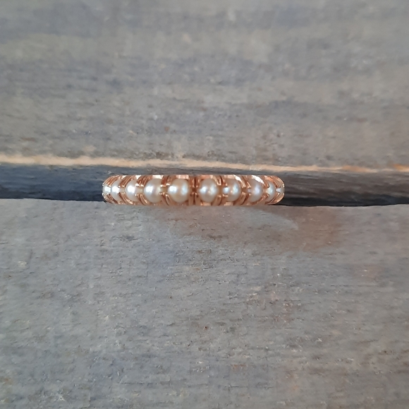 Vintage 18K Yellow Gold Custom Cultured Pearl Eternity Band Ring - Picture 3 of 12